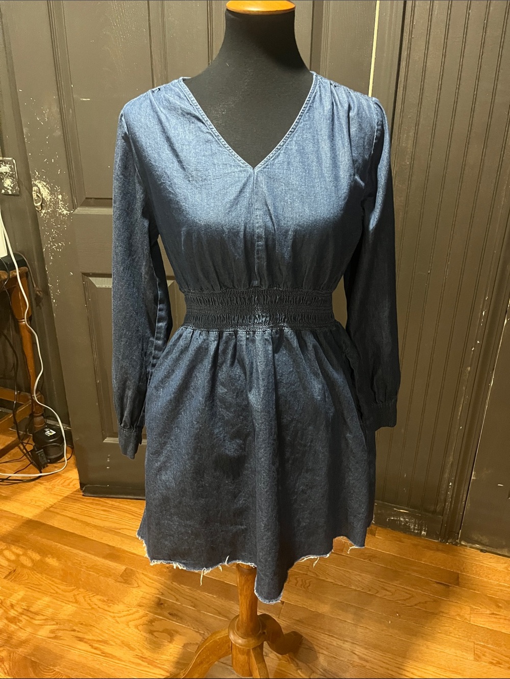 Emma & Michele Dark Blue Long-Sleeve Smocked Waist Denim Dress